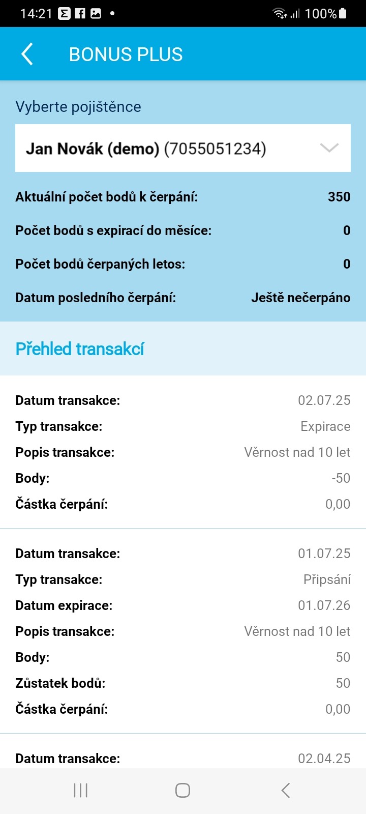Ukázka aplikace Zdraví v mobilu – program Bonus Plus