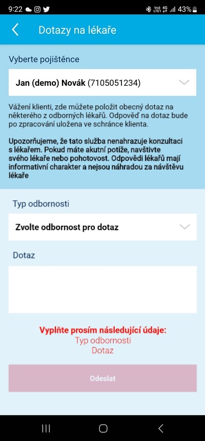 Ukázka aplikace Zdraví v mobilu – Dotazy na lékaře