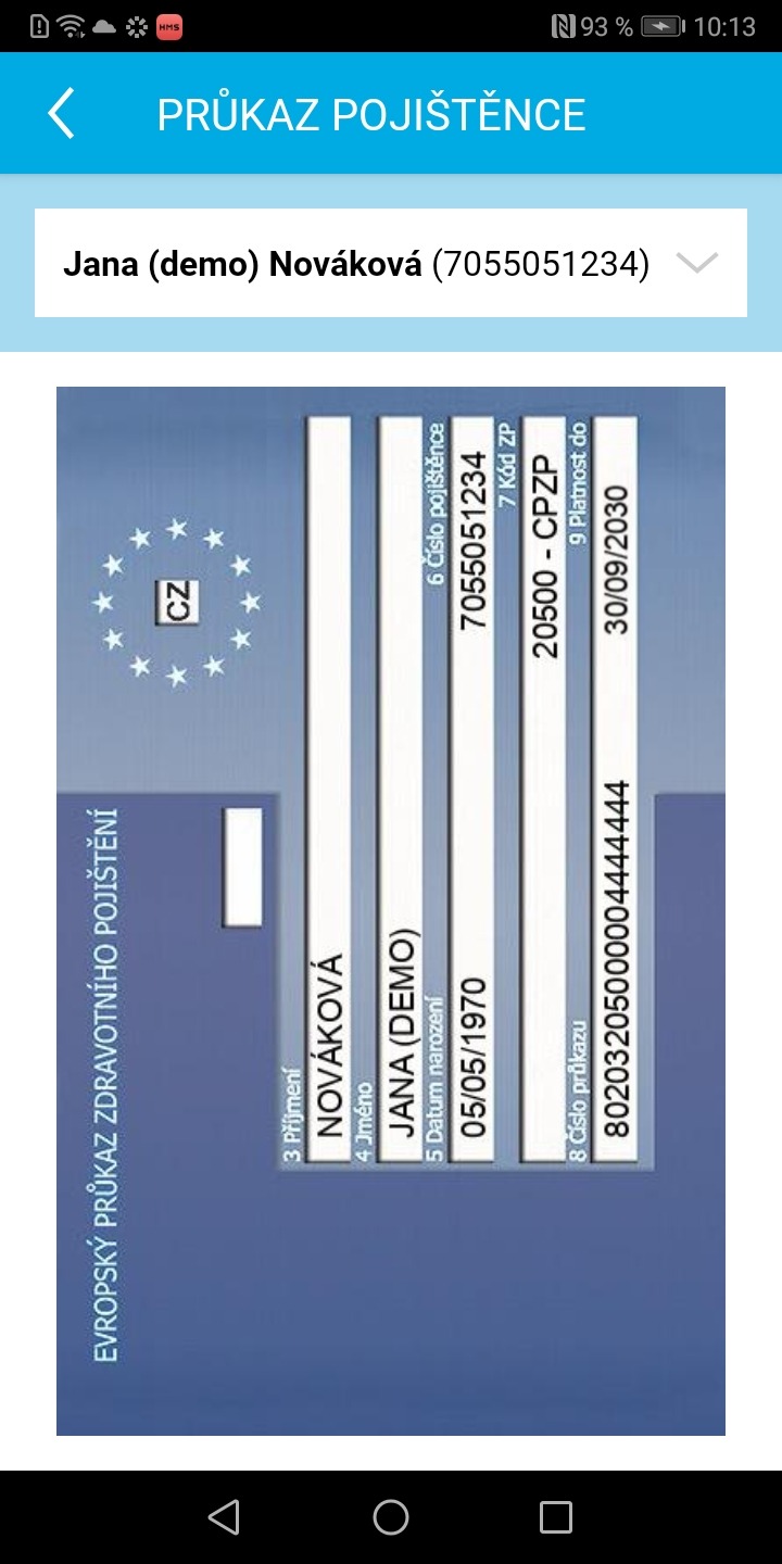 Ukázka aplikace Zdraví v mobilu – Průkaz pojištěnce