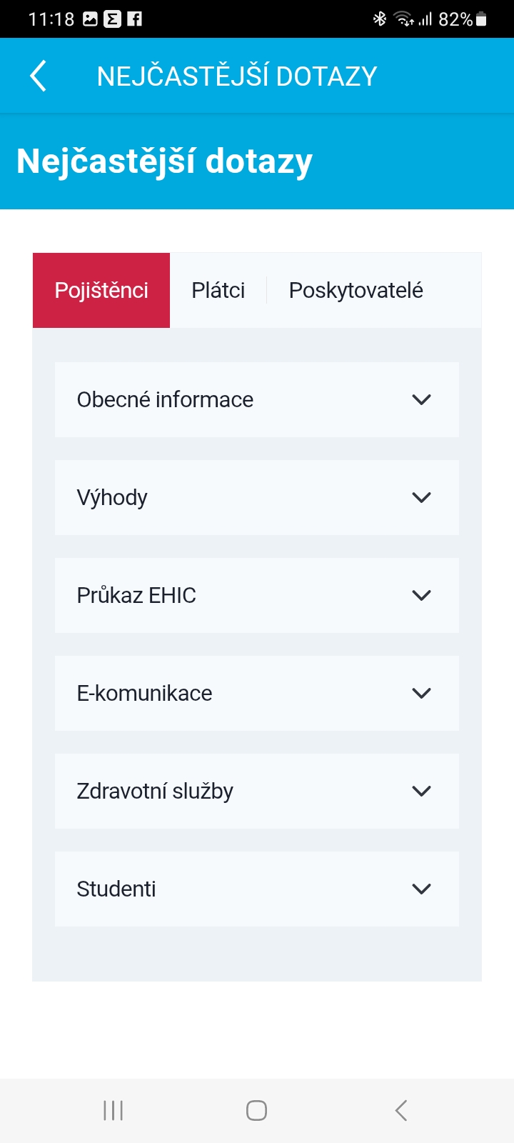 Ukázka aplikace Zdraví v mobilu – Nejčastější dotazy