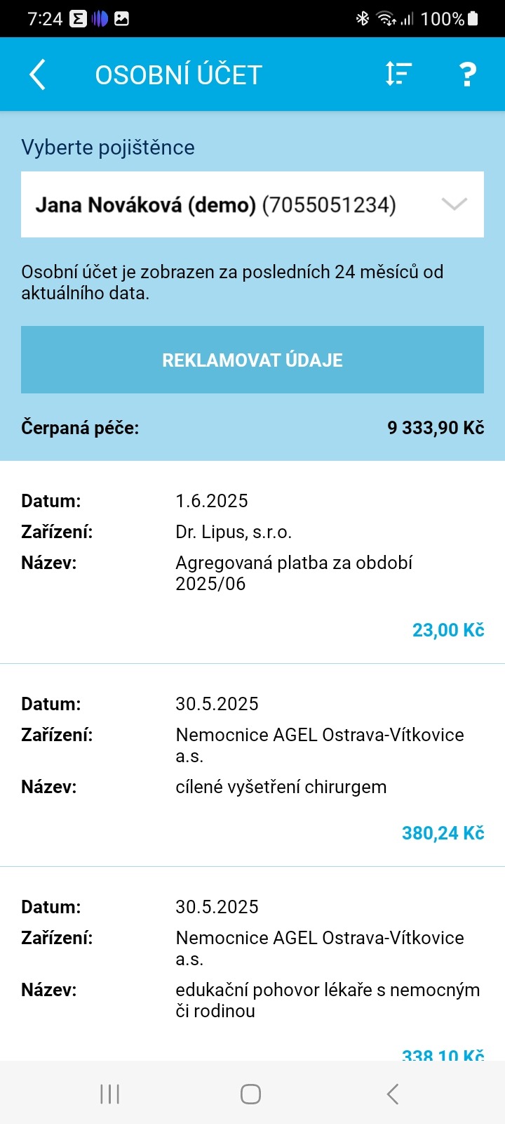 Ukázka aplikace Zdraví v mobilu – Osobní účet