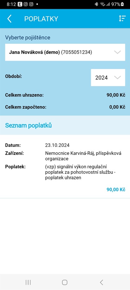 Ukázka aplikace Zdraví v mobilu – Poplatky za léky u lékaře