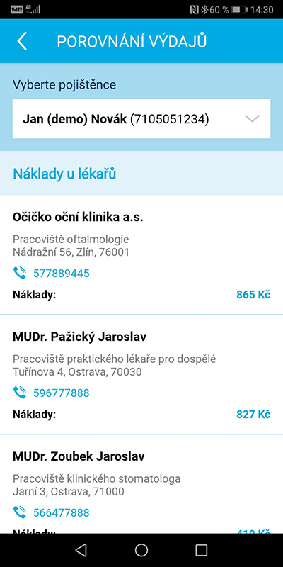 Ukázka aplikace Zdraví v mobilu – Porovnání výdajů