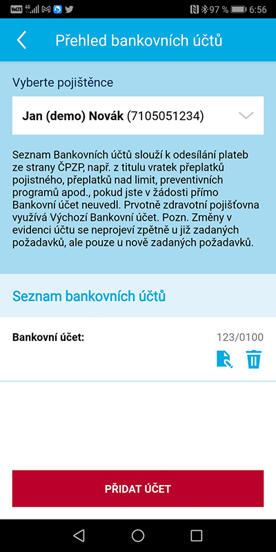 Ukázka aplikace Zdraví v mobilu – Přehled bankovních účtů