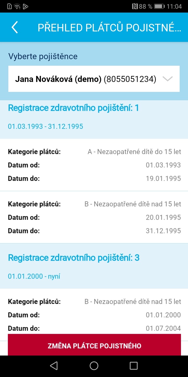 Ukázka aplikace Zdraví v mobilu – Přehled plátců pojistného