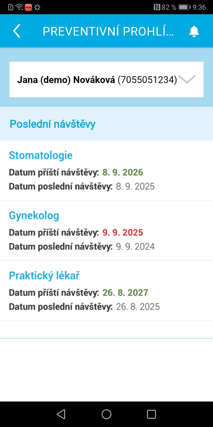 Ukázka aplikace Zdraví v mobilu – Preventivní prohlídky