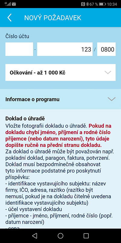 Ukázka aplikace Zdraví v mobilu – Proplácení preventivních programů