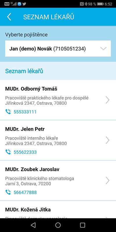 Ukázka aplikace Zdraví v mobilu – Seznam lékařů