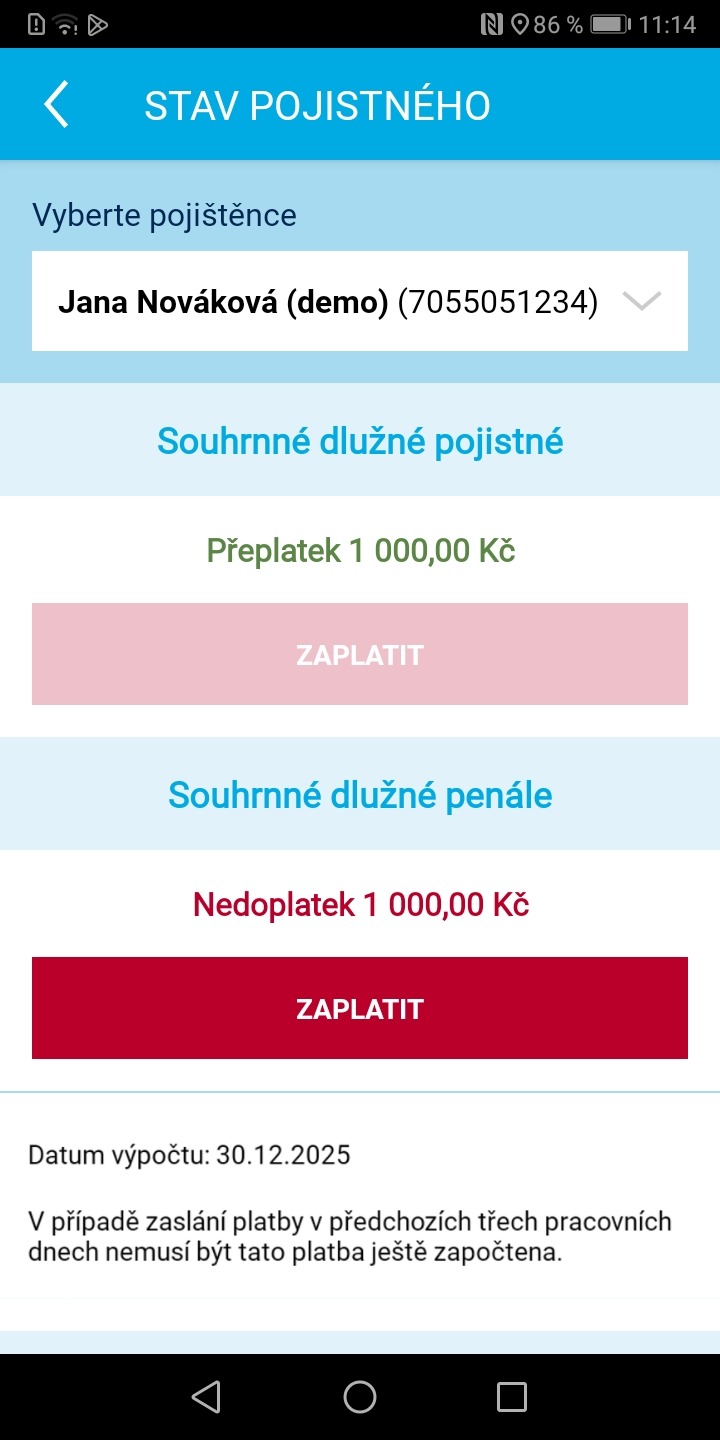 Ukázka aplikace Zdraví v mobilu – Stav pojistného
