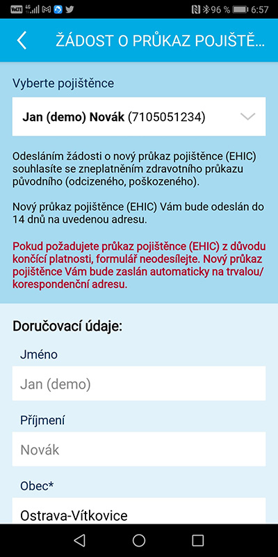 Ukázka aplikace Zdraví v mobilu – Žádost o průkaz pojištěnce