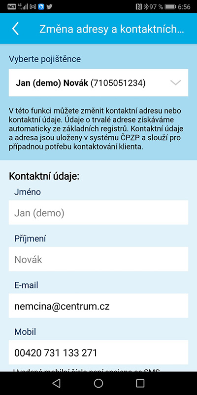 Ukázka aplikace Zdraví v mobilu – Změna adresy a kontaktních údajů