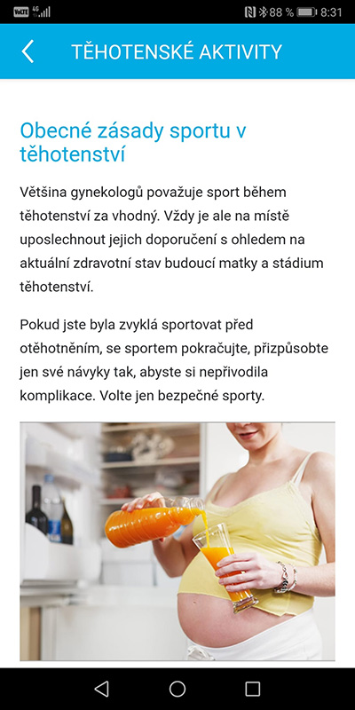 Ukázka aplikace Zdraví v mobilu – Těhotenské aktivity
