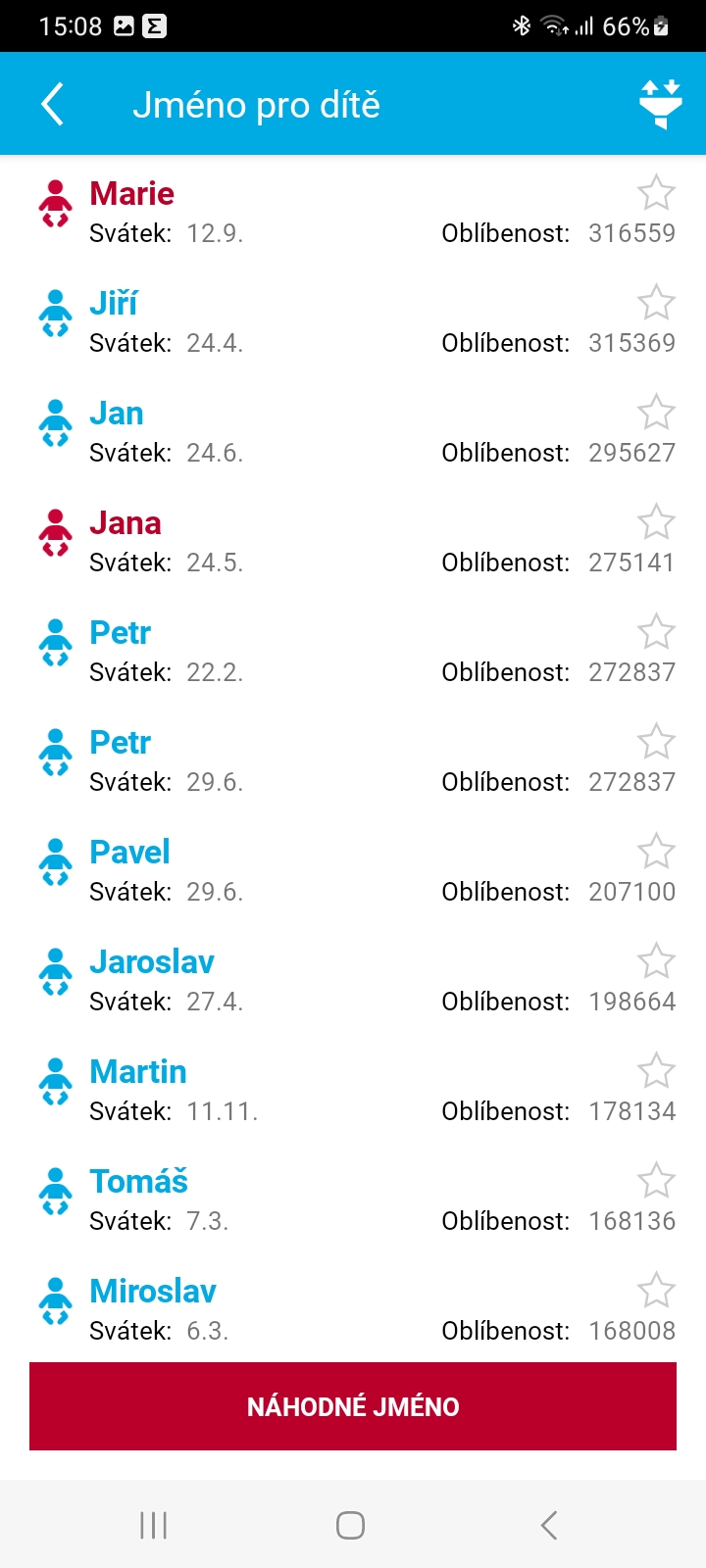 Ukázka aplikace Zdraví v mobilu – Jméno pro dítě