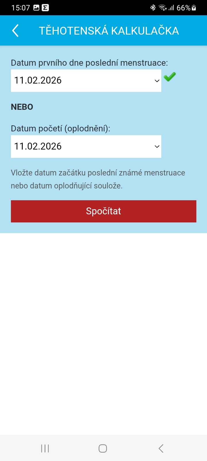 Ukázka aplikace Zdraví v mobilu – Těhotenská kalkulačka