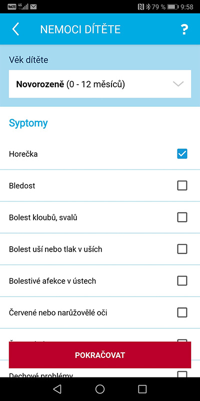 Ukázka aplikace Zdraví v mobilu – Nemoci dítěte