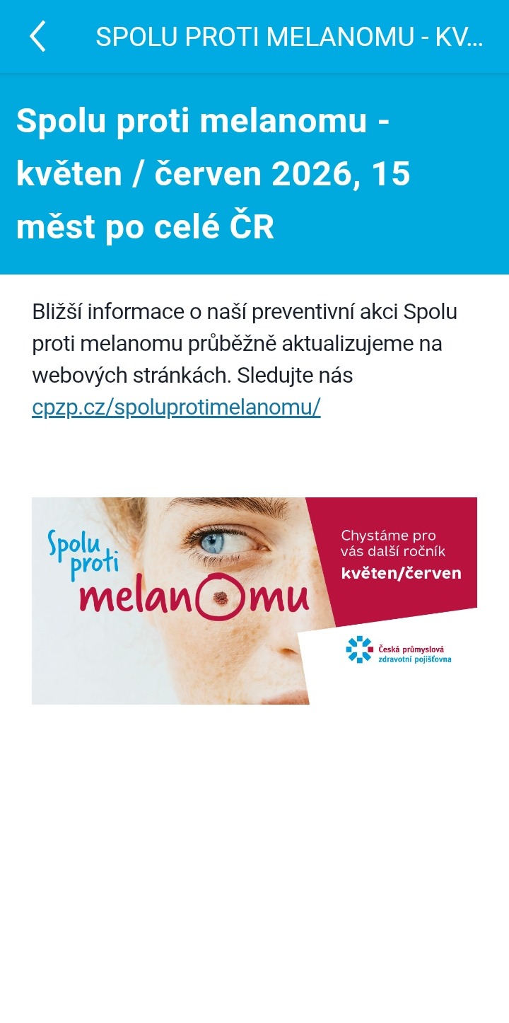 Ukázka aplikace Zdraví v mobilu – Akce s ČPZP