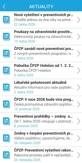 Ukázka aplikace Zdraví v mobilu – Aktuality