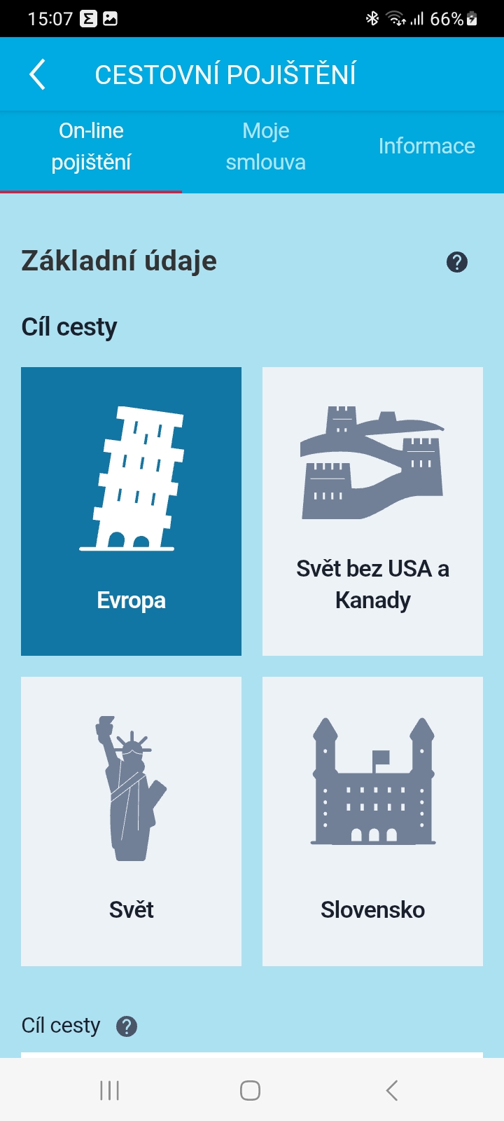Ukázka aplikace Zdraví v mobilu – Cestovní pojištění