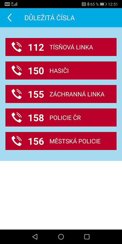Ukázka aplikace Zdraví v mobilu – Důležitá čísla