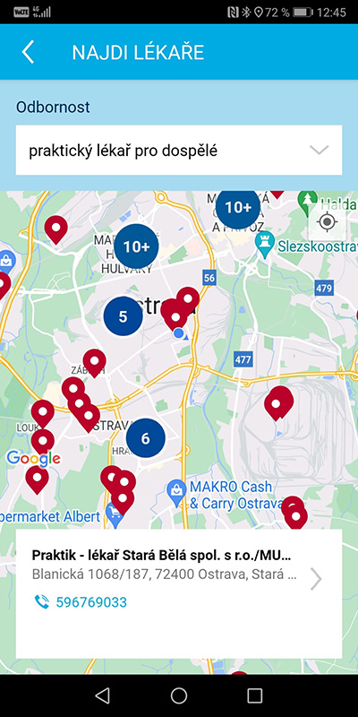 Ukázka aplikace Zdraví v mobilu – Najdi lékaře