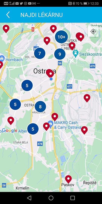 Ukázka aplikace Zdraví v mobilu – Najdi lékárnu