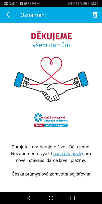 Ukázka aplikace Zdraví v mobilu – Oznámení