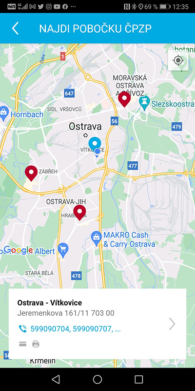 Ukázka aplikace Zdraví v mobilu – Najdi pobočku