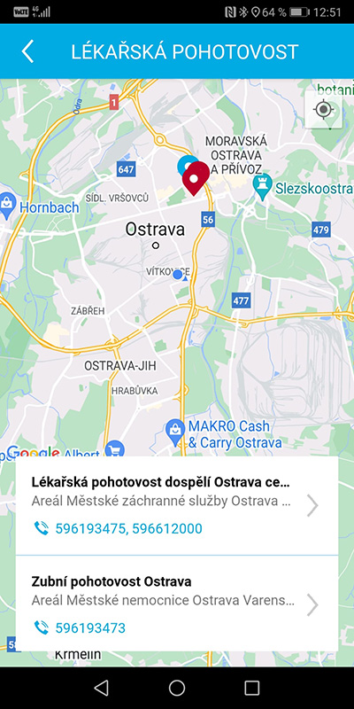 Ukázka aplikace Zdraví v mobilu – Lékařské pohotovosti